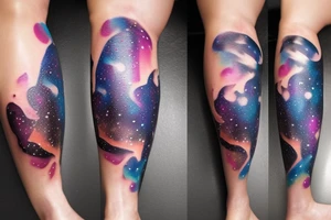 An hourglass full of a galaxy  dripping down leg tattoo idea