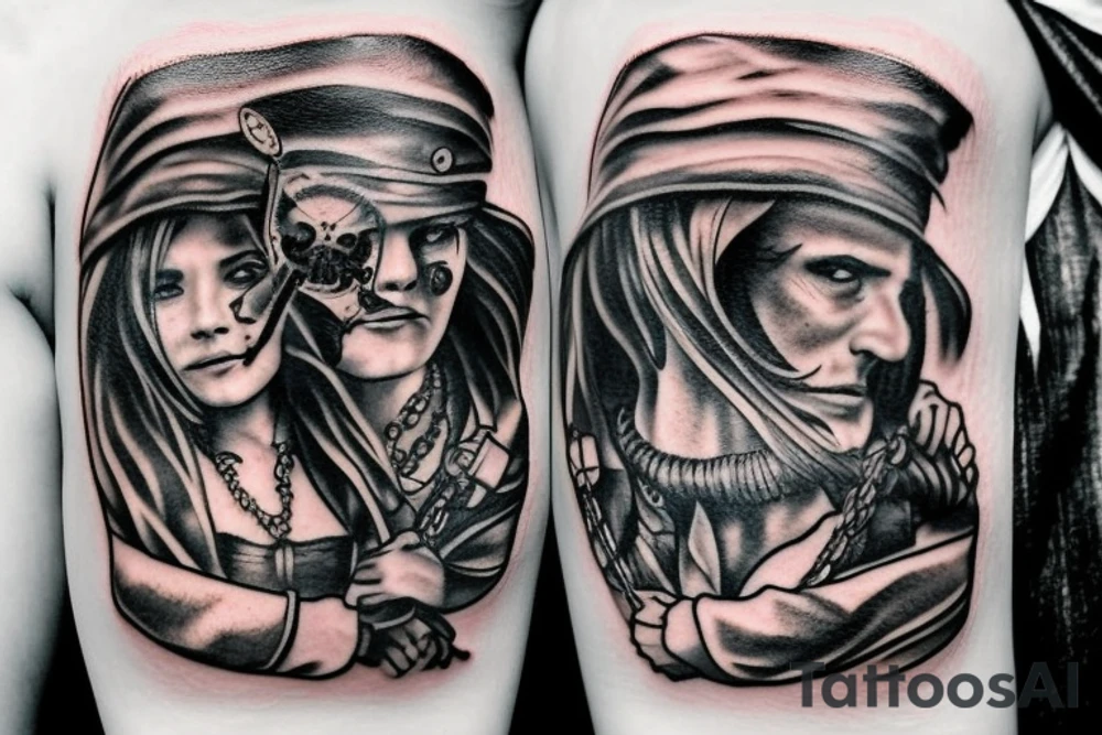 pirate with daughter on a pirate boat tattoo idea