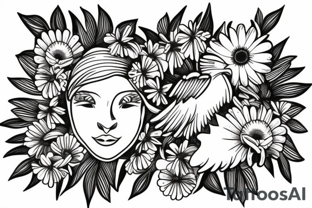 An eagle, daisy, flowers and a baby angel tattoo idea