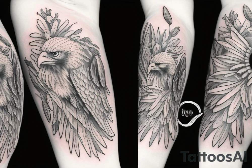 An eagle, daisy, flowers and a baby angel tattoo idea