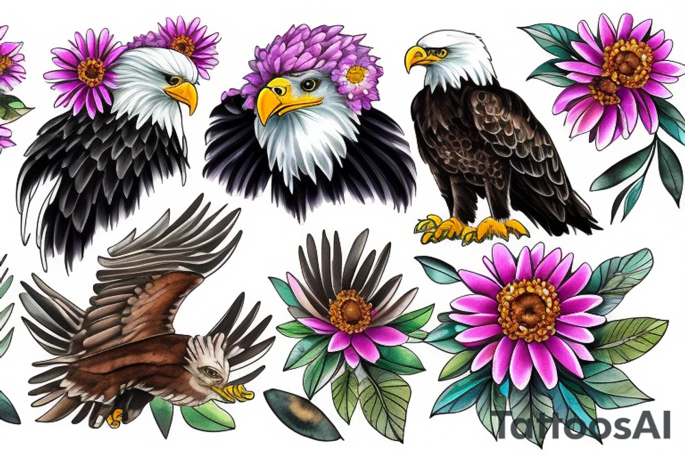 An eagle, daisy, flowers and a baby angel tattoo idea