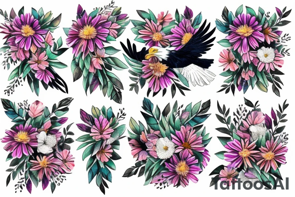 An eagle, daisy, flowers and a baby angel tattoo idea
