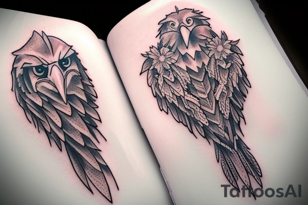 An eagle, white daisy, flowers and a baby angel tattoo idea