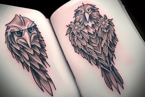 An eagle, white daisy, flowers and a baby angel tattoo idea