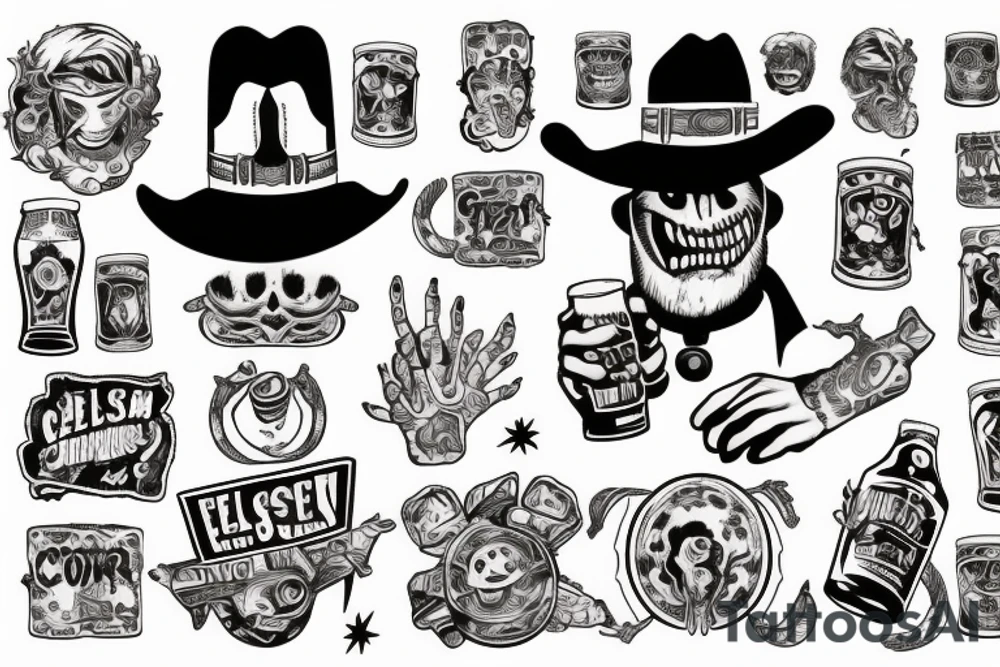 Alien dressed as cowboy holding a beer tattoo idea