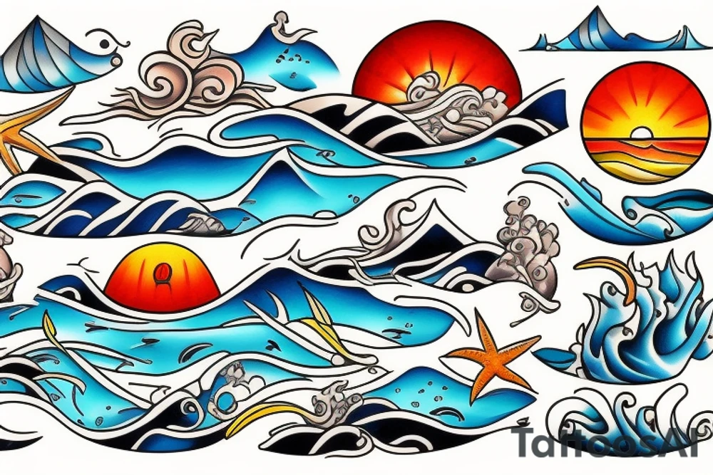 Costa Rican sunset, the sea and surf tattoo idea