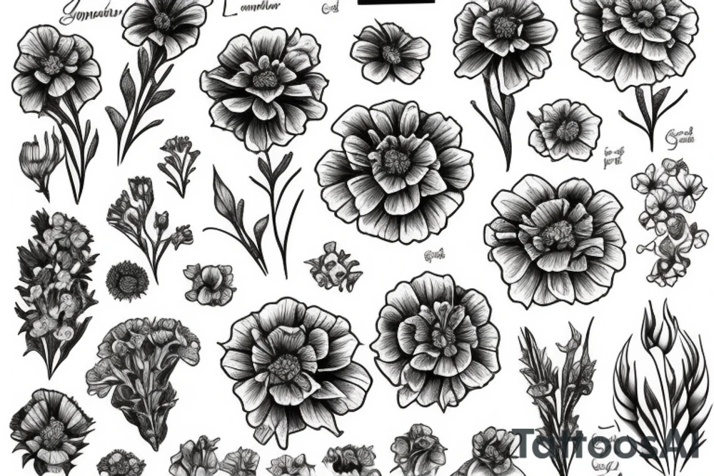 Marigold flower, violet flower, larkspur flower tattoo idea