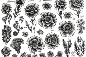 Marigold flower, violet flower, larkspur flower tattoo idea