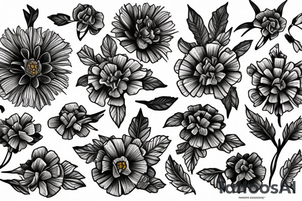 Marigold flower, violet flower, larkspur flower tattoo idea