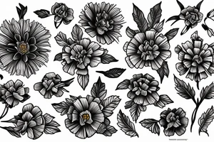 Marigold flower, violet flower, larkspur flower tattoo idea