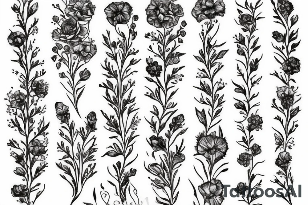 Marigold flower, violet flower, larkspur flower tattoo idea