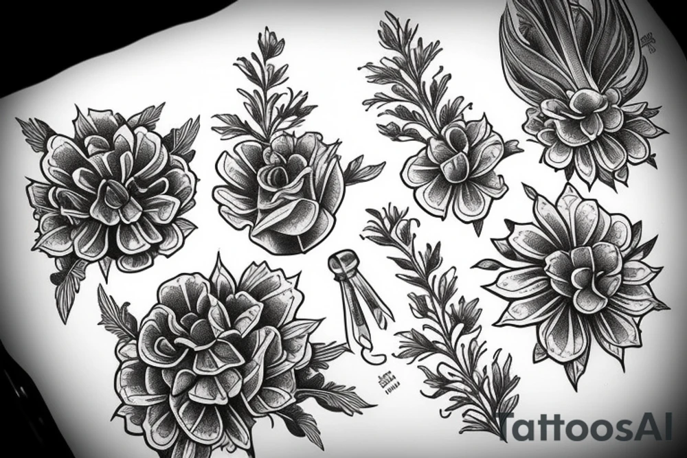 Marigold flower, violet flower, larkspur flower tattoo idea