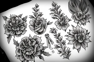 Marigold flower, violet flower, larkspur flower tattoo idea