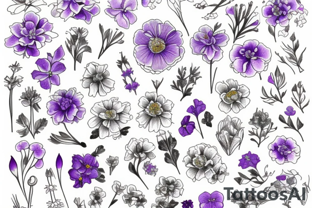 Dainty Marigold flower, violet flower, larkspur flower tattoo idea