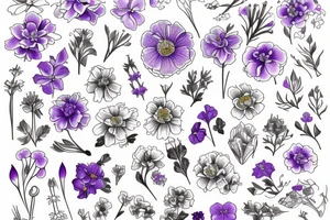 Dainty Marigold flower, violet flower, larkspur flower tattoo idea