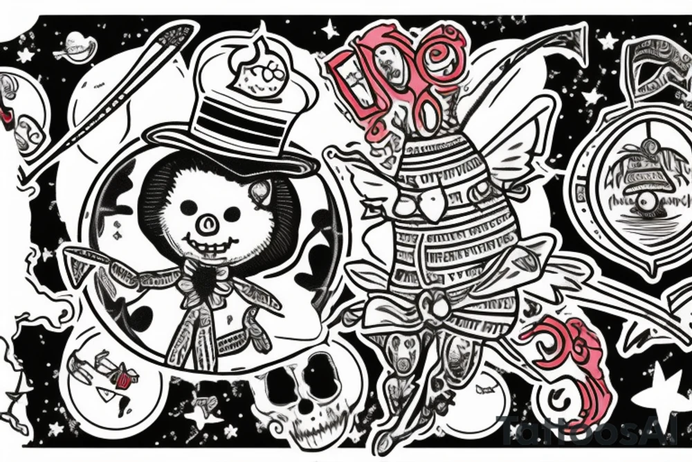New Orleans voodoo doll sitting on a moon with a top hat using a pin as a cane and in the moon it says "Fly me to the moon" tattoo idea