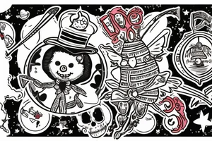 New Orleans voodoo doll sitting on a moon with a top hat using a pin as a cane and in the moon it says "Fly me to the moon" tattoo idea