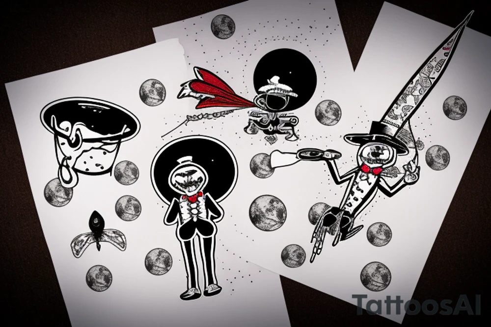 New Orleans voodoo doll sitting on a moon with a top hat using a pin as a cane and in the moon it says "Fly me to the moon" tattoo idea