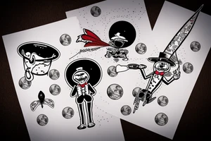 New Orleans voodoo doll sitting on a moon with a top hat using a pin as a cane and in the moon it says "Fly me to the moon" tattoo idea