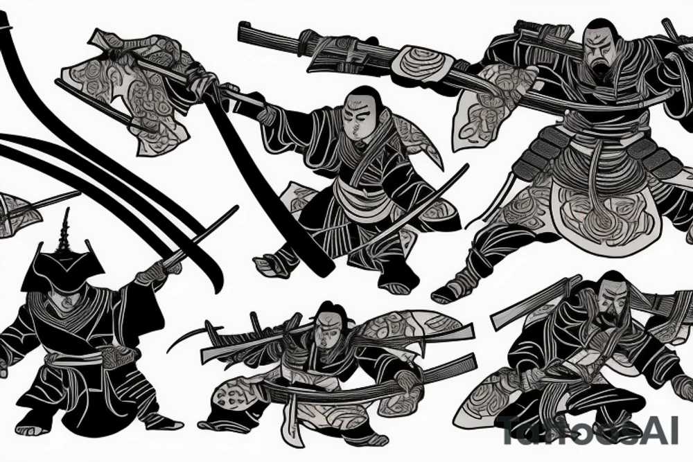 a ronin wearing a sandagosa and holding a katana standing in the distance with his back to us tattoo idea