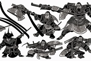 a ronin wearing a sandagosa and holding a katana standing in the distance with his back to us tattoo idea