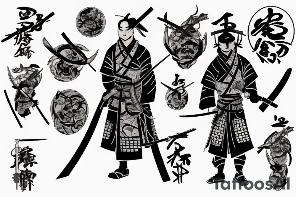 a ronin wearing a sandagosa and holding a katana standing in the distance with his back to us tattoo idea