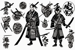 a ronin wearing a sandagosa and holding a katana standing in the distance with his back to us tattoo idea