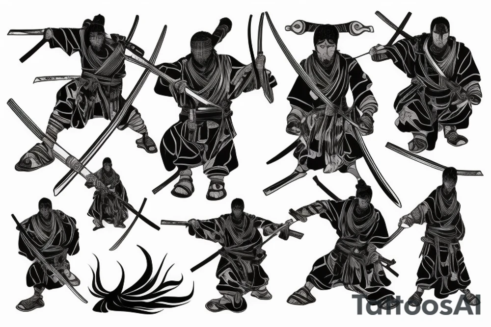 a ronin wearing a sandagosa and holding a katana standing in the distance with his back to us tattoo idea