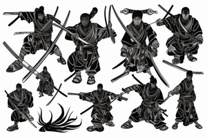 a ronin wearing a sandagosa and holding a katana standing in the distance with his back to us tattoo idea