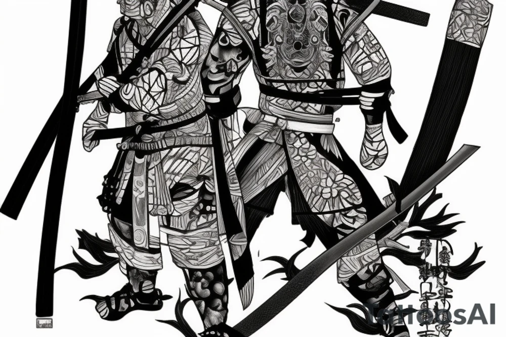 a ronin wearing a sandagosa and holding a katana standing in the distance with his back to us tattoo idea