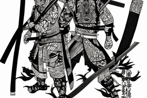 a ronin wearing a sandagosa and holding a katana standing in the distance with his back to us tattoo idea