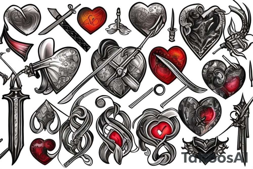 Sword through a heart with half of the heart in fire tattoo idea