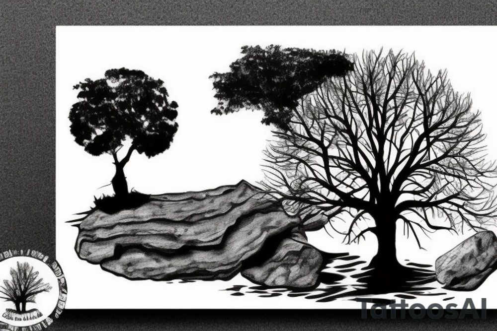tree on a floating piece of rock island tattoo idea