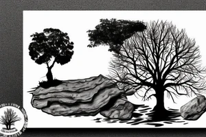 tree on a floating piece of rock island tattoo idea