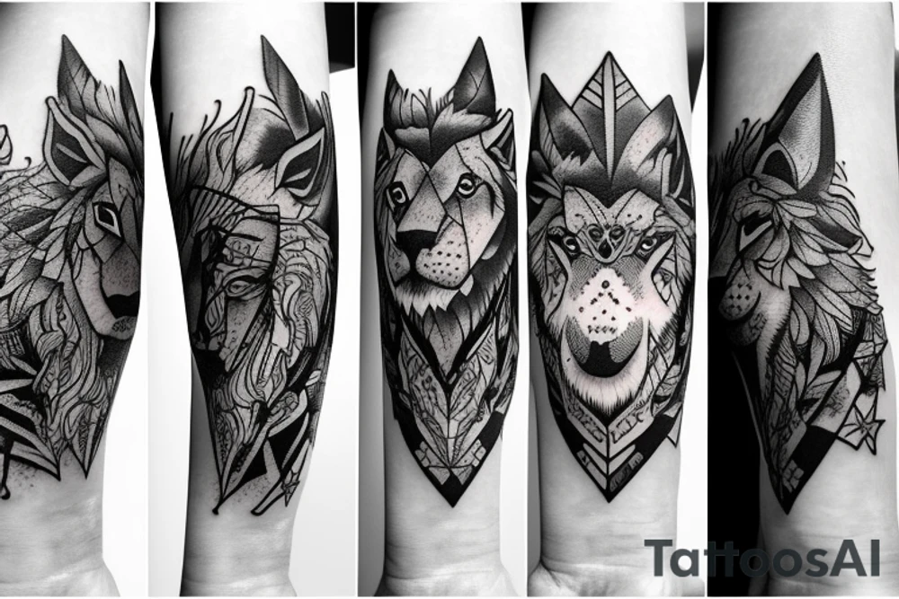 Lion and wolf with day and night tattoo idea