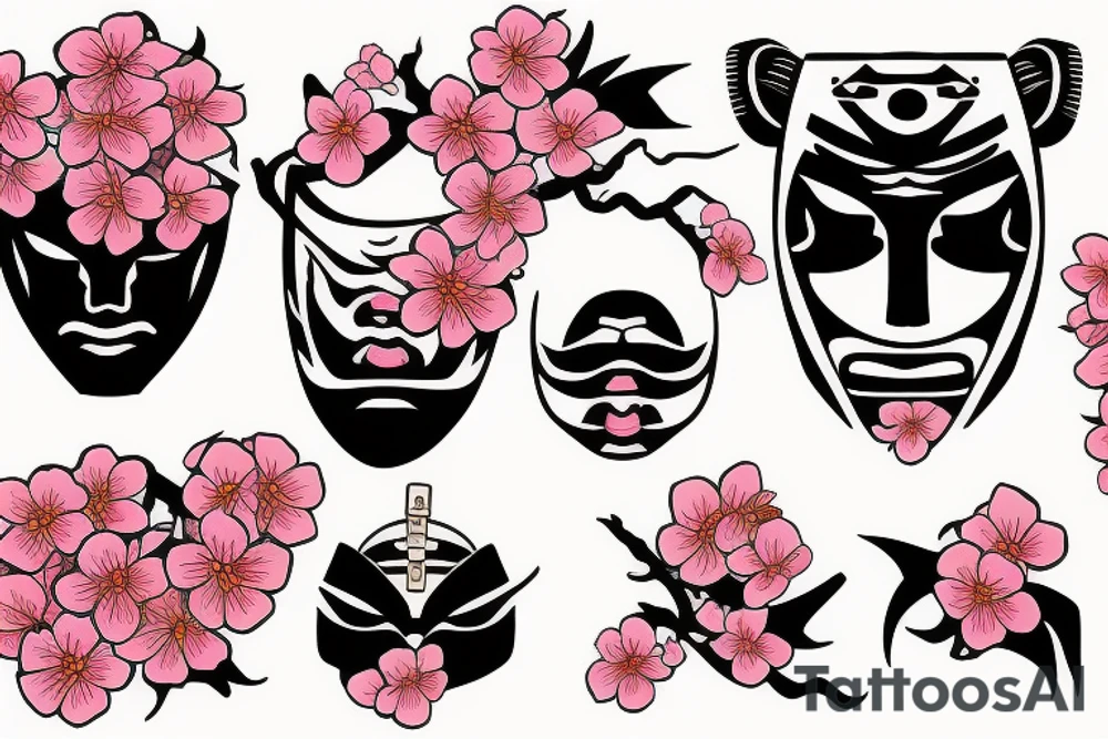 Samurai mask and cherry blossoms tattoo idea