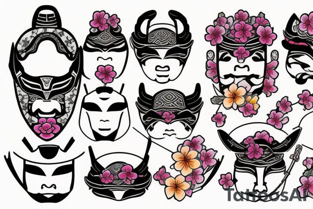 Samurai mask and cherry blossoms tattoo idea