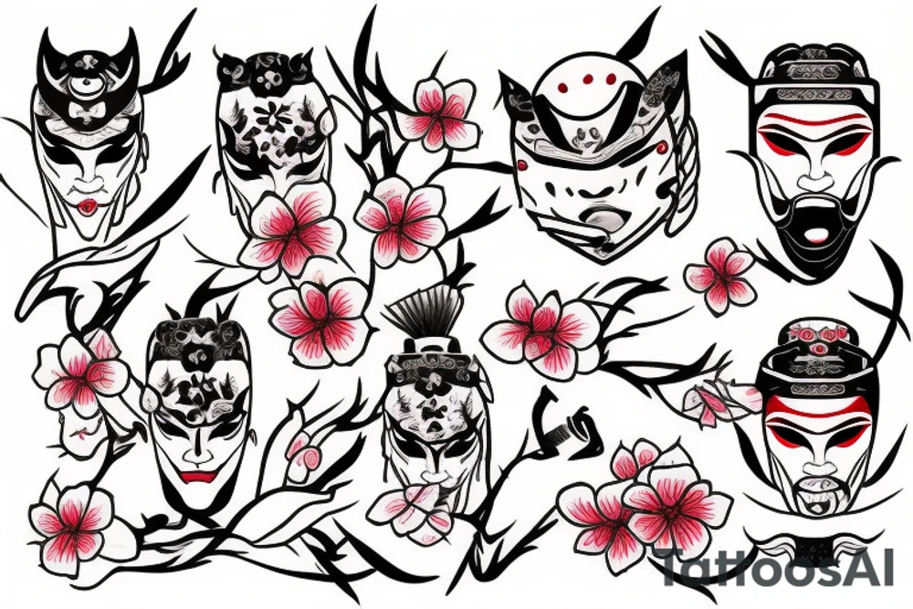 Samurai mask and cherry blossoms tattoo idea