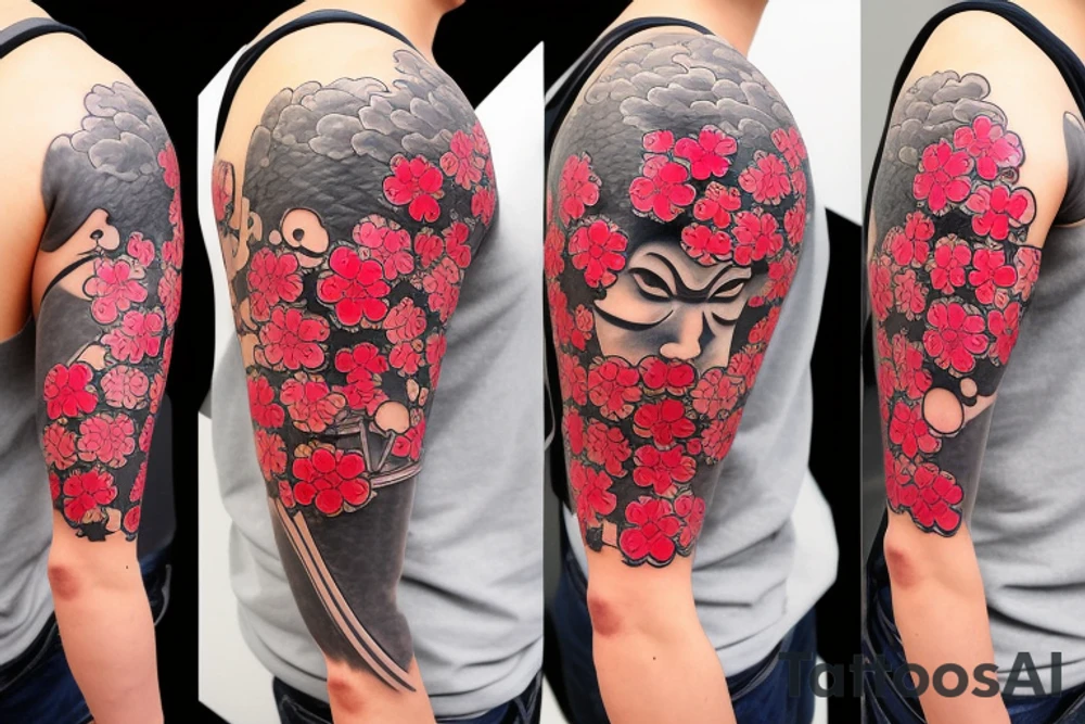 Samurai mask and cherry blossoms tattoo idea