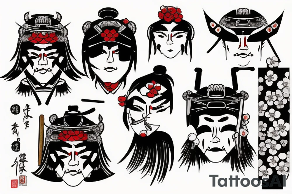 Samurai mask and cherry blossoms tattoo idea