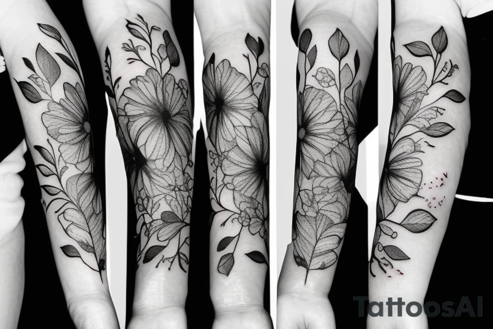 womens arm botanical sleeve tattoo hyperrealistic photo small flowers delicate tattoo idea