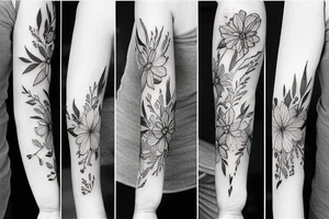womens arm botanical sleeve tattoo hyperrealistic photo small flowers delicate tattoo idea