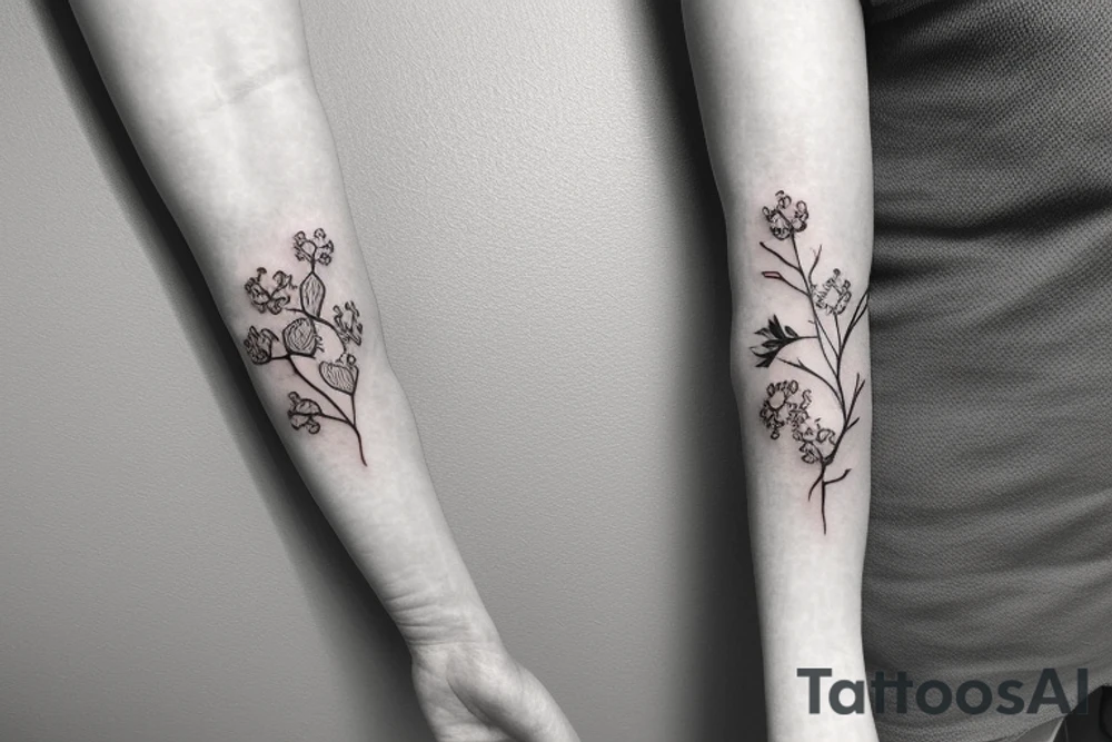 forearm sleeve of small delicate botanicals connected by a vine tattoo idea