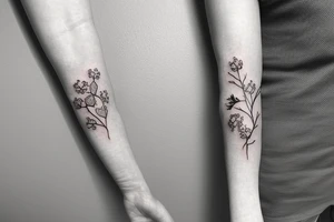 forearm sleeve of small delicate botanicals connected by a vine tattoo idea