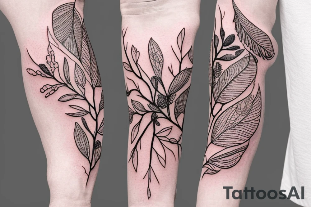 forearm sleeve of small delicate botanicals connected by a vine tattoo idea