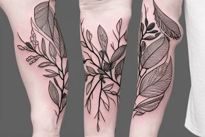 forearm sleeve of small delicate botanicals connected by a vine tattoo idea