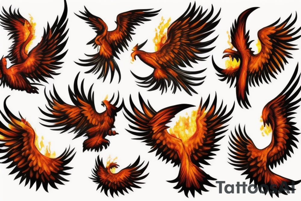 Phoenix soaring down in realistic fire tattoo idea