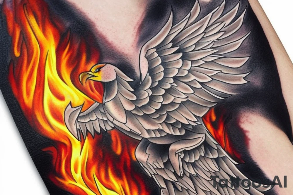 Phoenix soaring down in realistic fire tattoo idea