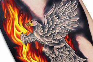 Phoenix soaring down in realistic fire tattoo idea