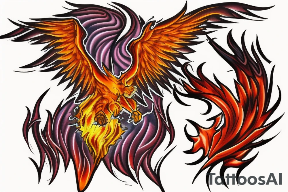 Phoenix soaring down in realistic fire tattoo idea